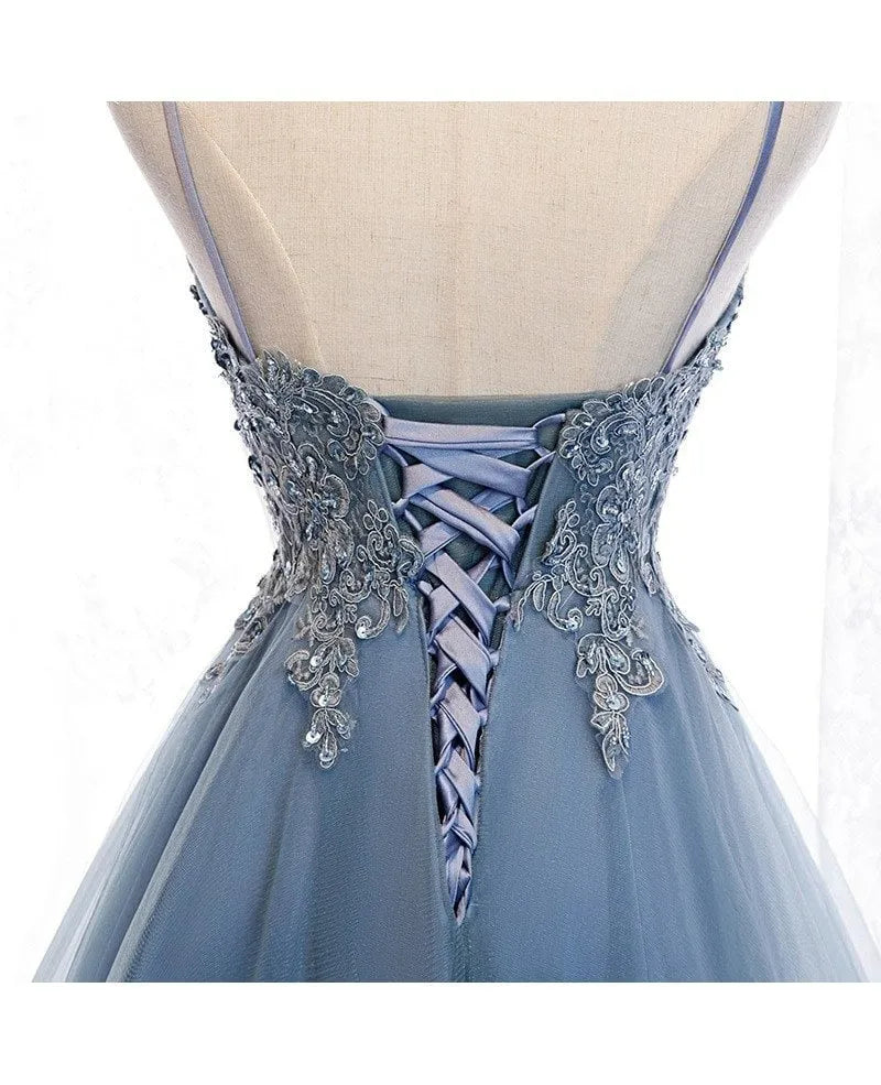 Dusty Blue Hi-Low Mini Hoco Dress Applique Sweet 16 Dress Beaded
