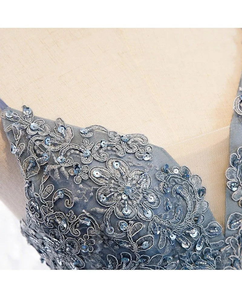 Dusty Blue Hi-Low Mini Hoco Dress Applique Sweet 16 Dress Beaded