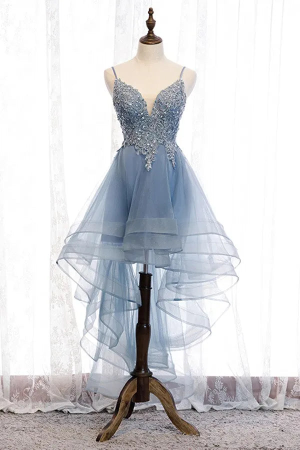 Dusty Blue Hi-Low Mini Hoco Dress Applique Sweet 16 Dress Beaded