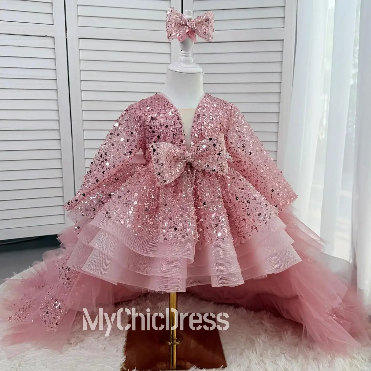Dusty Rose Sequined Flower Girl Dress Long Sleeves Layered Tulle Skirt