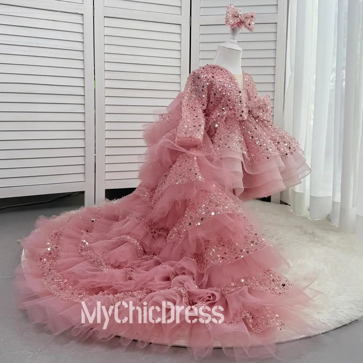 Dusty Rose Sequined Flower Girl Dress Long Sleeves Layered Tulle Skirt