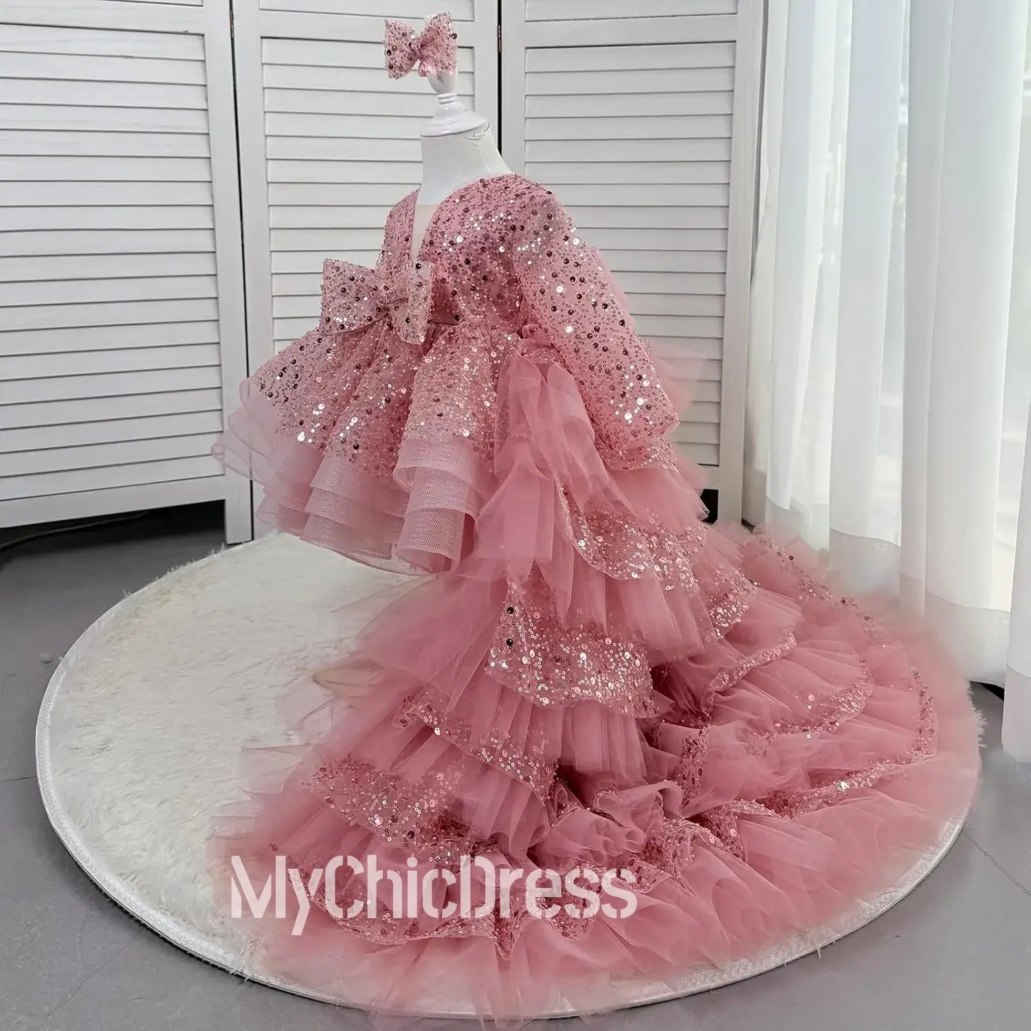 Dusty Rose Sequined Flower Girl Dress Long Sleeves Layered Tulle Skirt