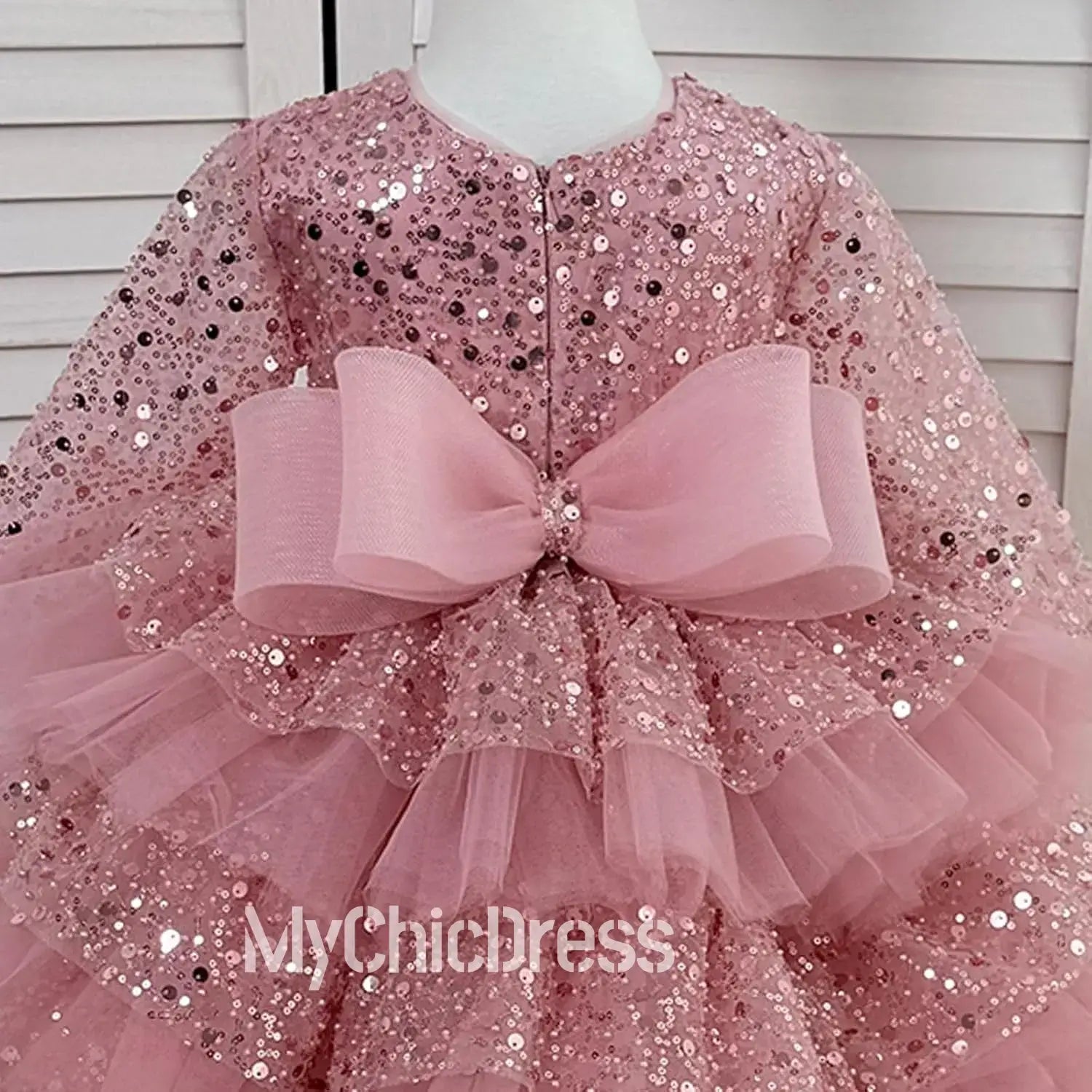 Dusty Rose Sequined Flower Girl Dress Long Sleeves Layered Tulle Skirt
