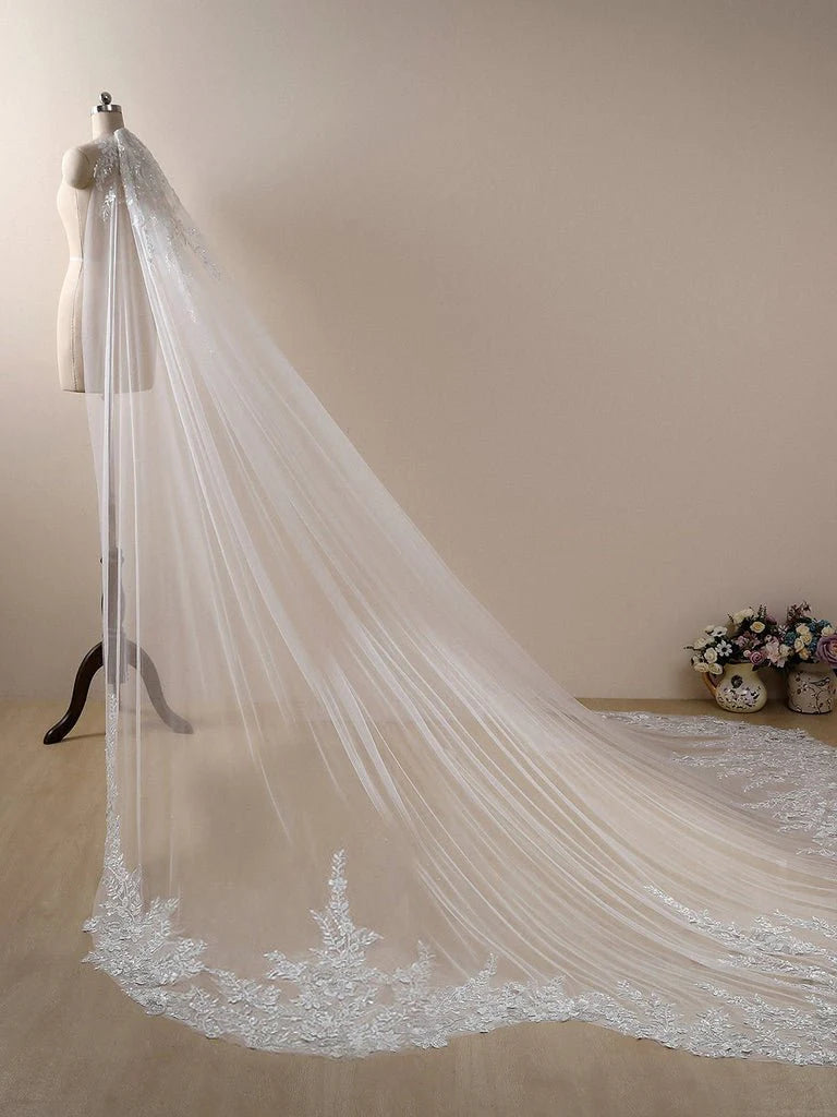 Elegant Floral Lace Sequins Cathedral Wedding Veil