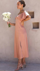 Elegant Satin Off Shoulder Midi Formal Wedding Guest Dress Mychicdress