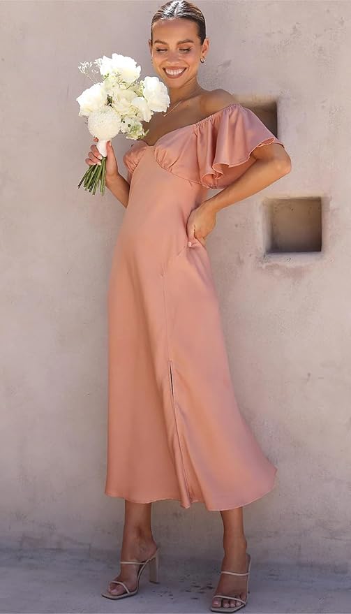 Elegant Satin Off Shoulder Midi Formal Wedding Guest Dress