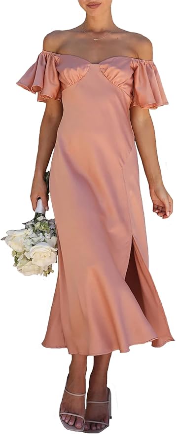 Elegant Satin Off Shoulder Midi Formal Wedding Guest Dress Mychicdress