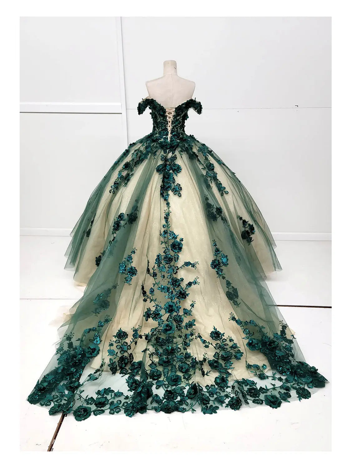 green Sweet 16 Dress Flowers Off Shoulde Quince Dress