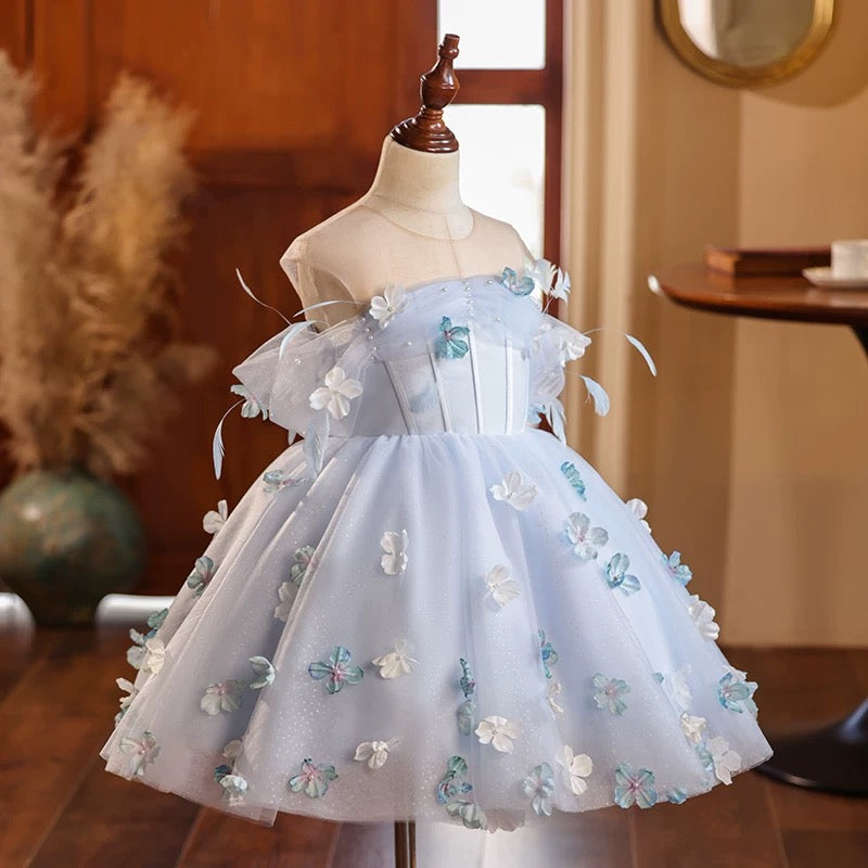 Fairy Blue Flower Girl Wedding Dress off Shoulder Princess Pageant Dress Mychicdress