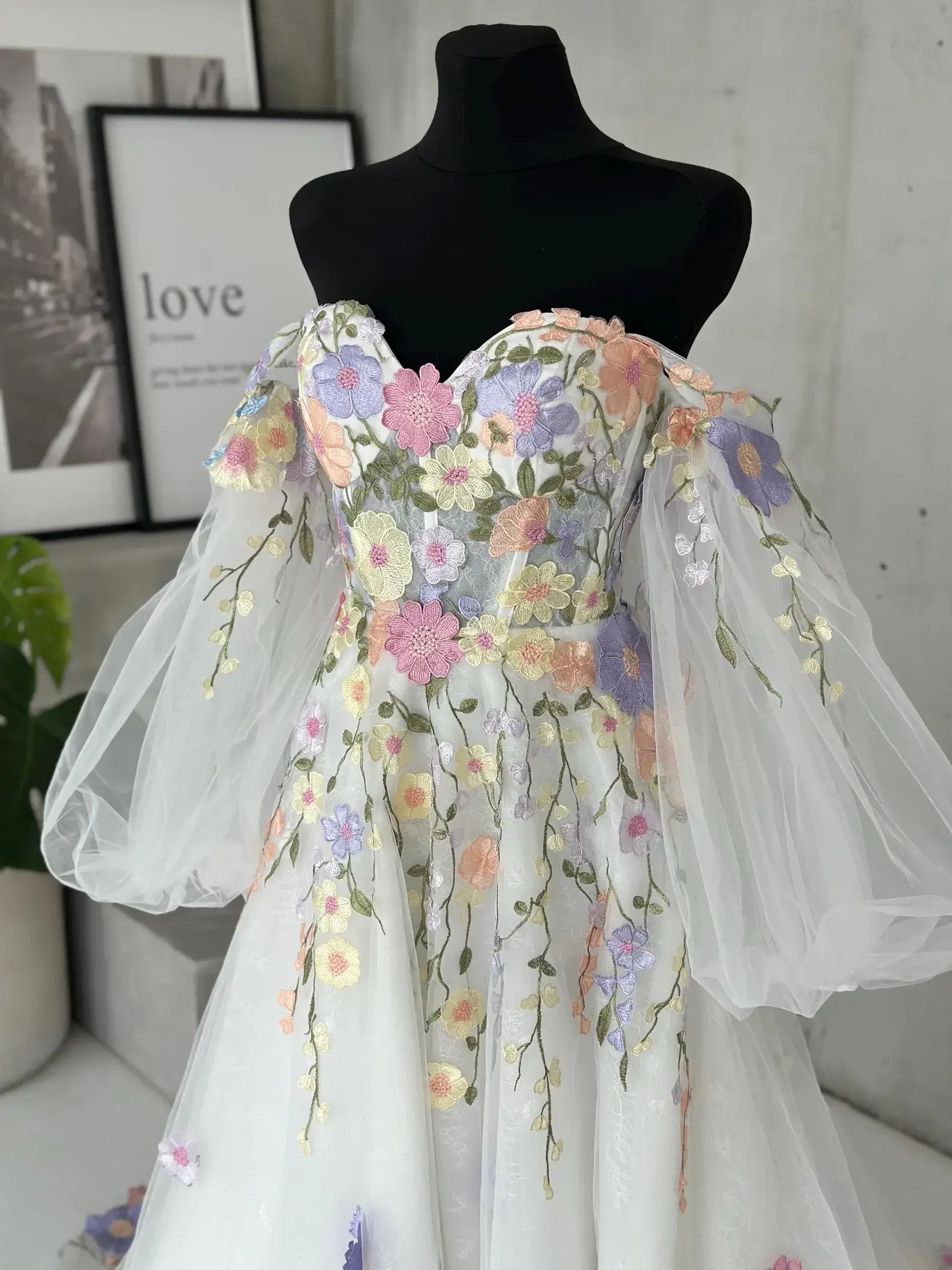 Fairy Colorful Floral Wedding Dress Off Shoulder Detachable Sleeves