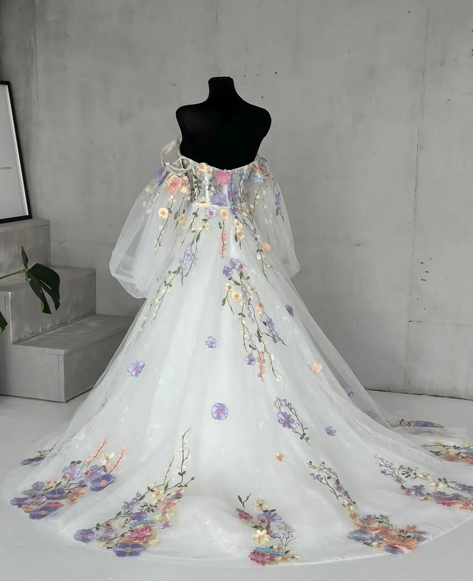 Fairy Colorful Floral Wedding Dress Off Shoulder Detachable Sleeves