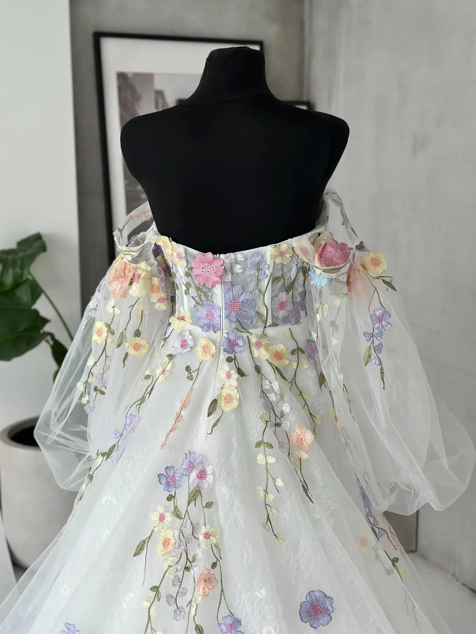Fairy Colorful Floral Wedding Dress Off Shoulder Detachable Sleeves