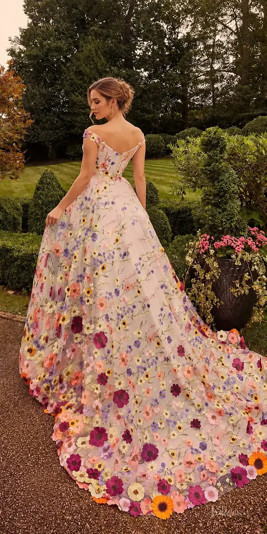 Fairy Floral Garden Wedding Dresses with 3D Flowers Off the Shoulder
