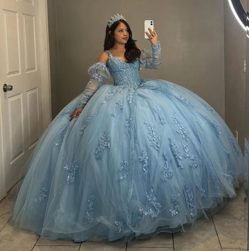 Fairy-Tale Blue Sweet 16 Quinceanera Dresses with Detachable Sleeves
