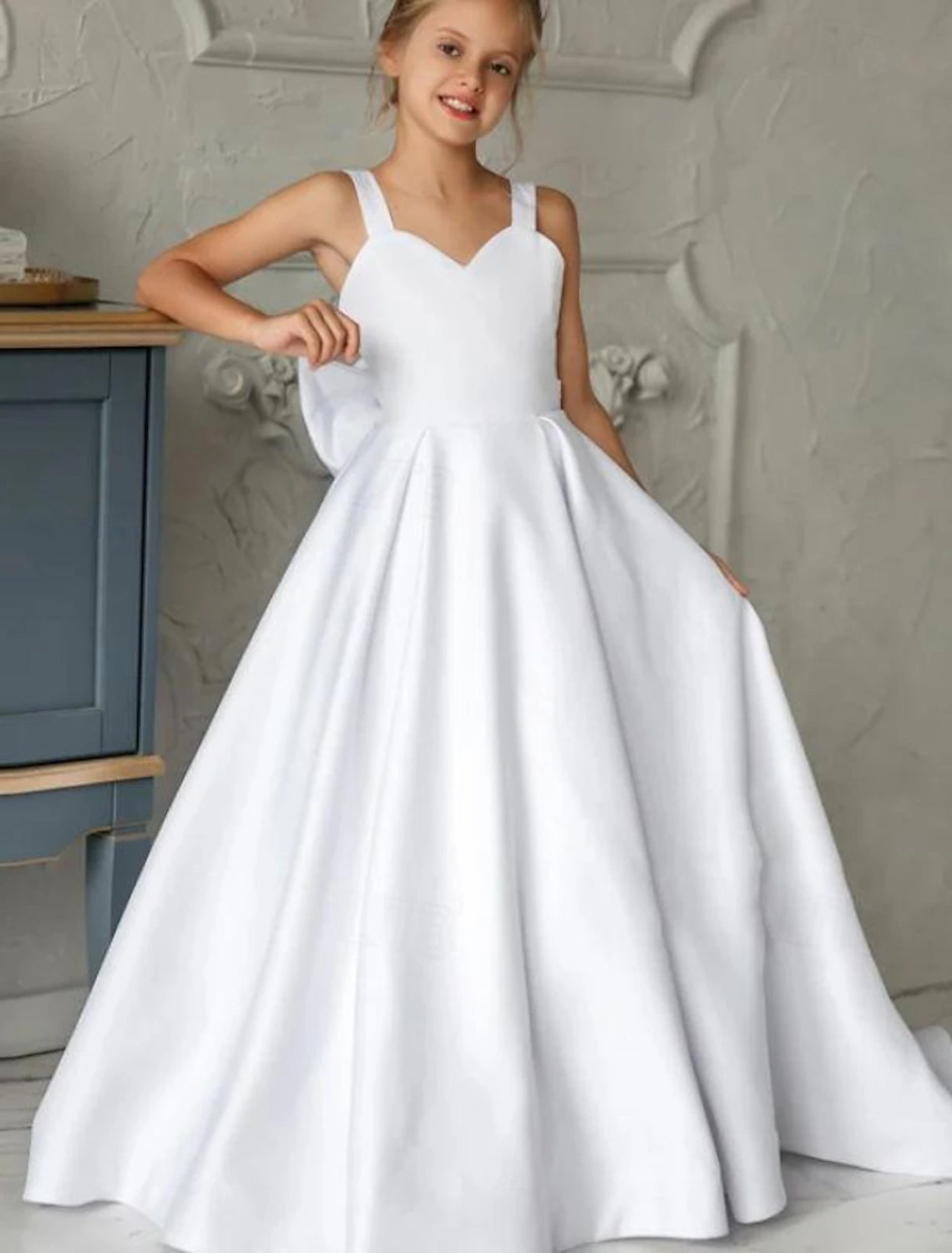 Floor Length A Line Satin Flower Girl Dresses with Bow