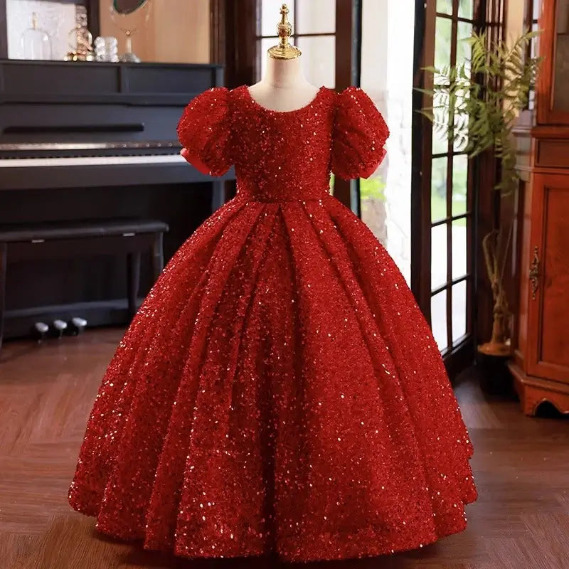 Floor Length Ball Gown Red Sequin Flower Girl Dress Short Sleeves
