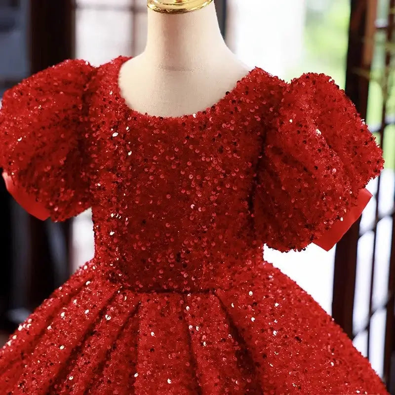 Floor Length Ball Gown Red Sequin Flower Girl Dress Short Sleeves
