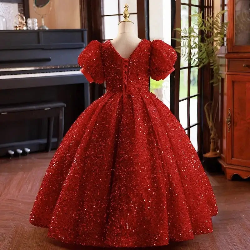 Floor Length Ball Gown Red Sequin Flower Girl Dress Short Sleeves