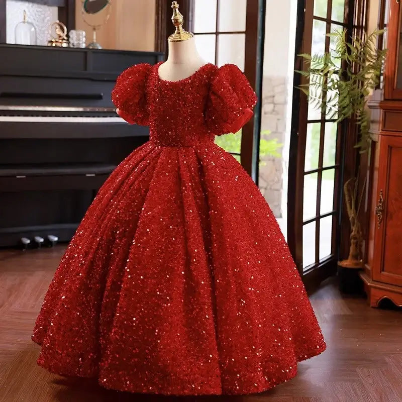 Floor Length Ball Gown Red Sequin Flower Girl Dress Short Sleeves