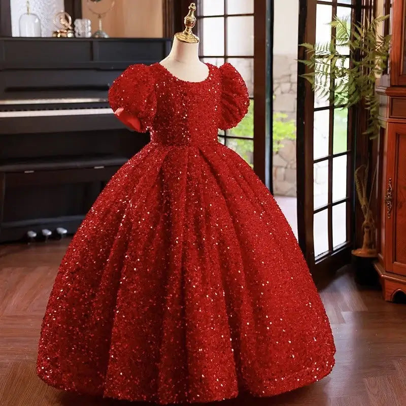 Floor Length Ball Gown Red Sequin Flower Girl Dress Short Sleeves