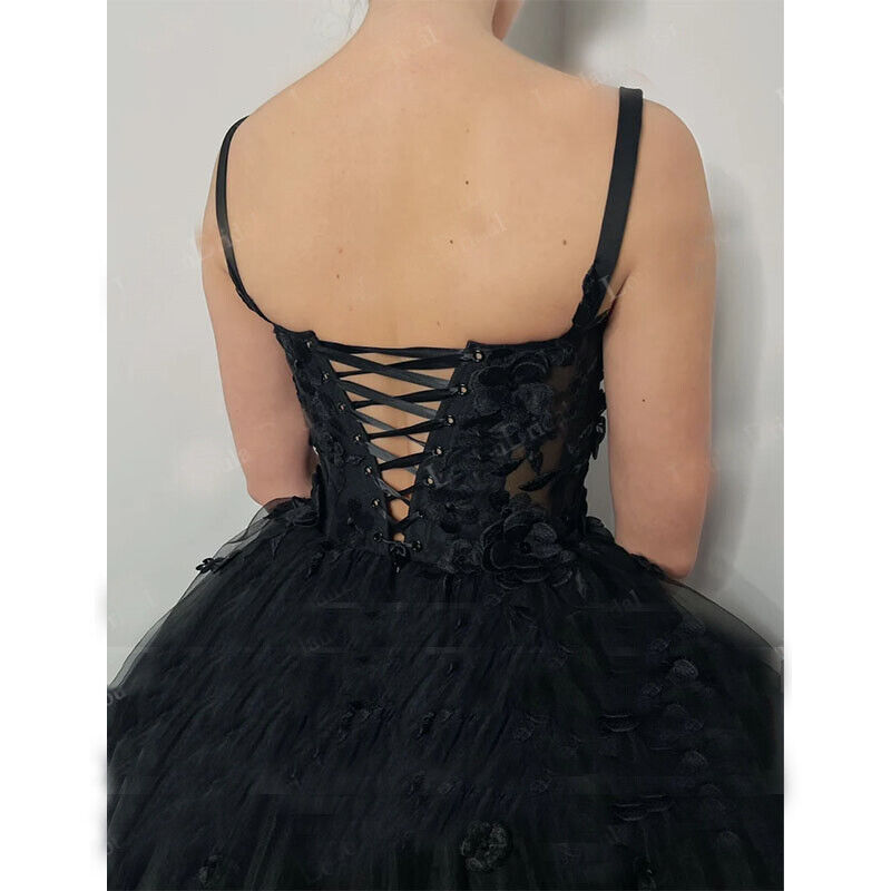 Floor-length Boho Black Wedding Dresses Lace With Flowers