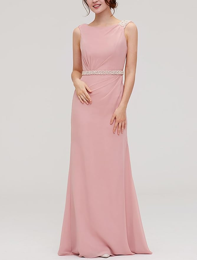 Floor-Length Chiffon Pink Bridesmaid Dress Cheap Sheath Formal Dresses Mychicdress