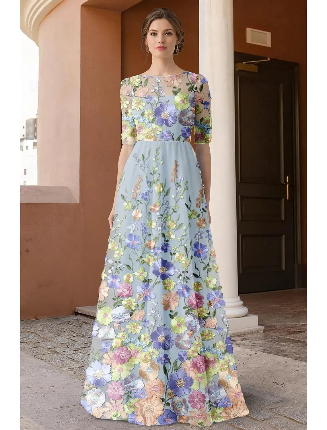 Floor Length Floral Formal Dresses Half Sleeves Round-Neck Maxi Dress