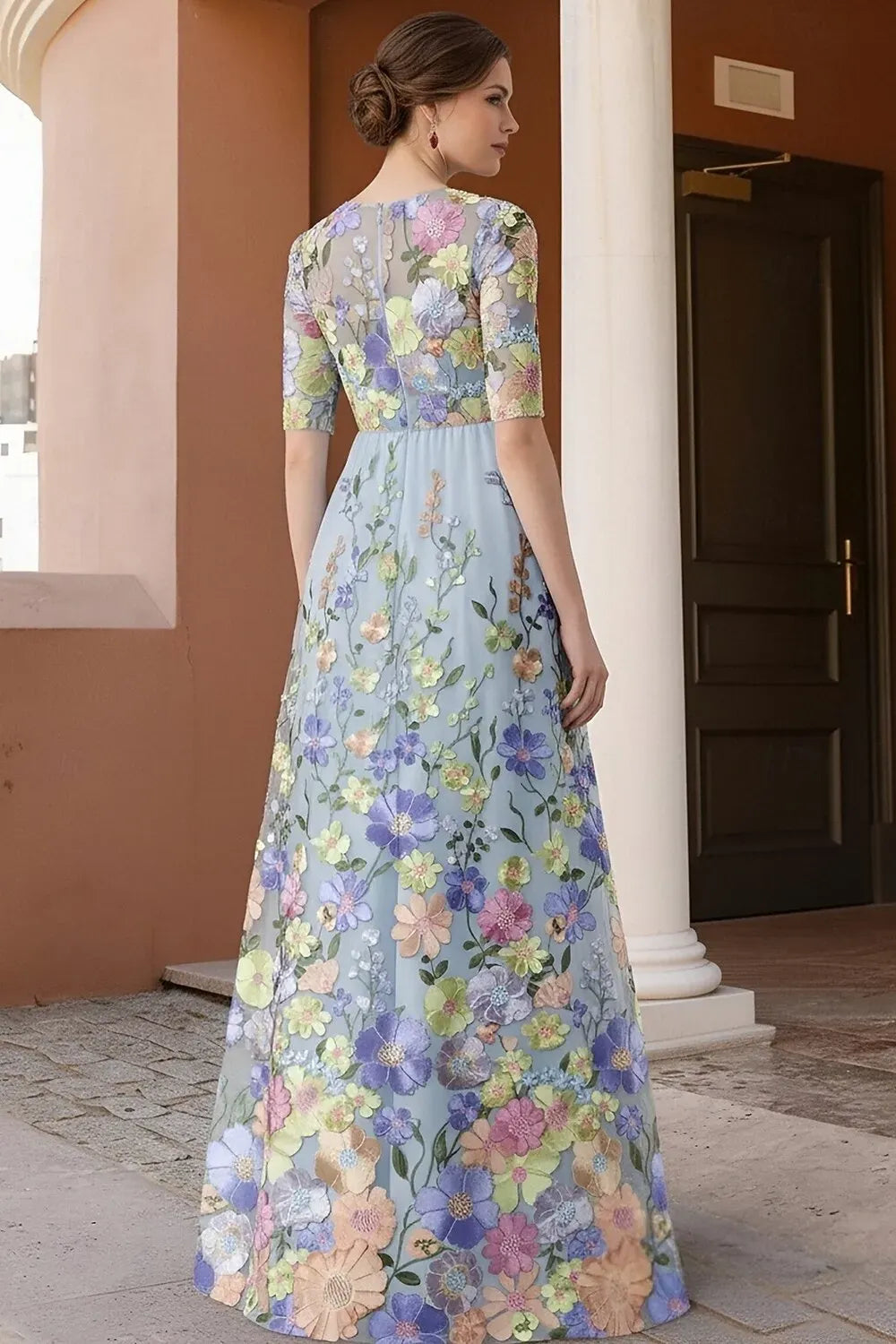 Floor Length Floral Formal Dresses Half Sleeves Round-Neck Maxi Dress