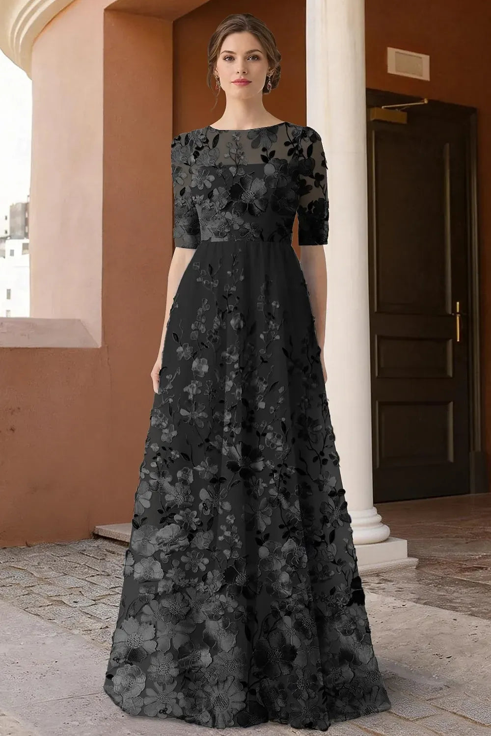 Floor Length Floral Black Formal Dresses Half Sleeves Round-Neck Maxi Dress