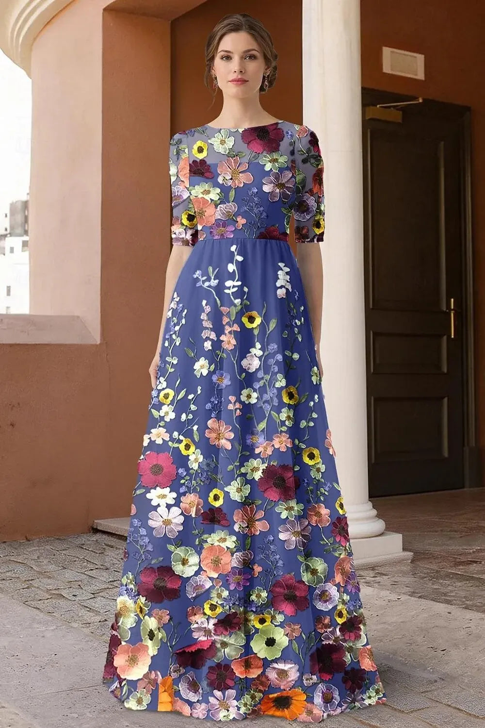 Floor Length Royal Blue Floral Formal Dresses Half Sleeves Round-Neck Maxi Dress