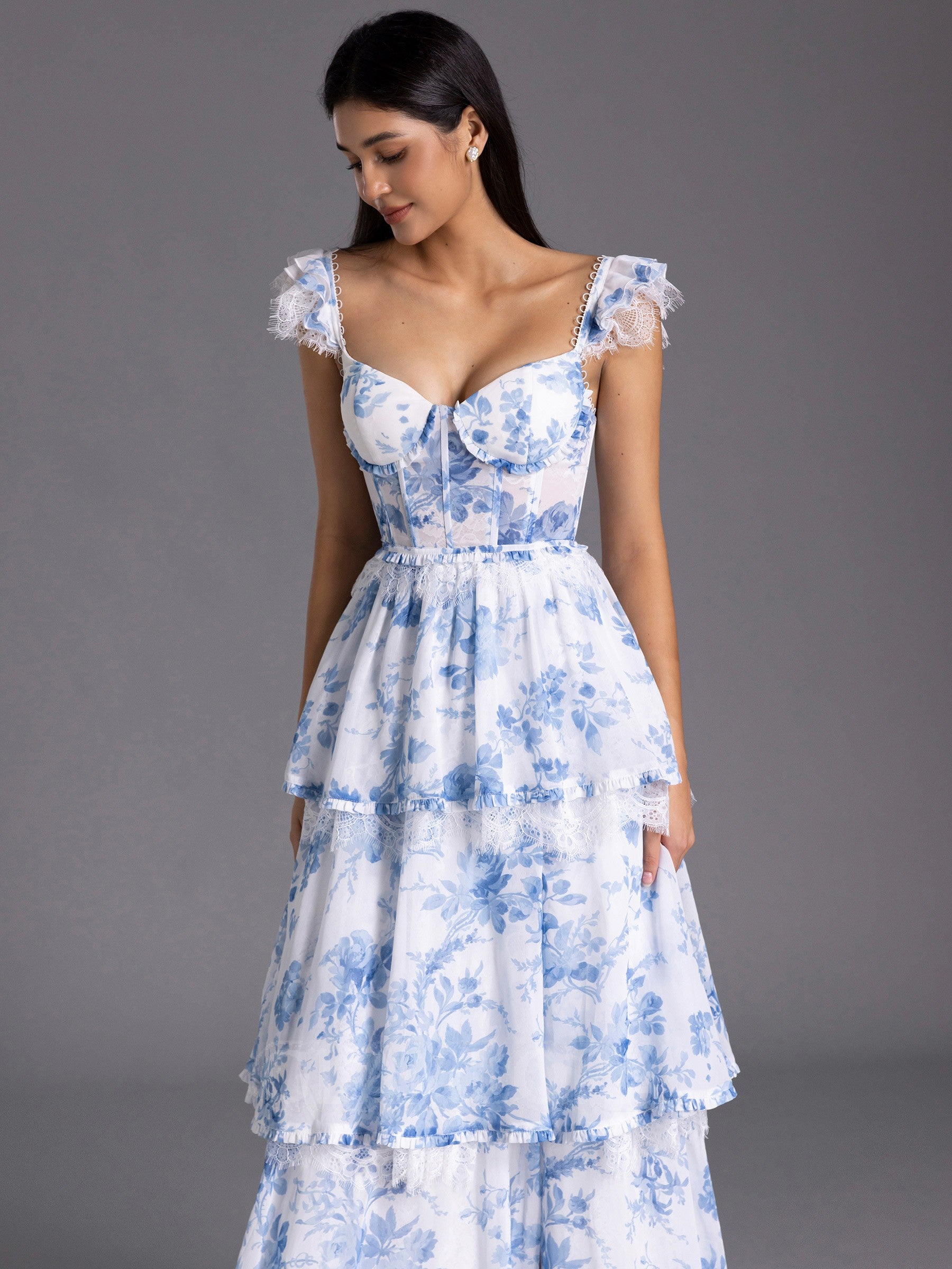 Floor-Length Floral Formal Guest Dress Blue Corset Bridesmaid Dress Mychicdress