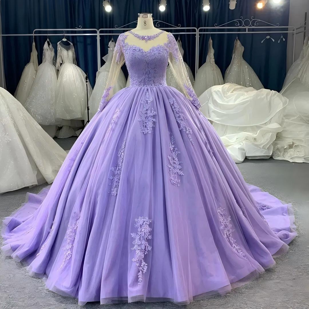 Floor-Length Long Sleeves Lace Lavender Wedding Dresses Ball Gown