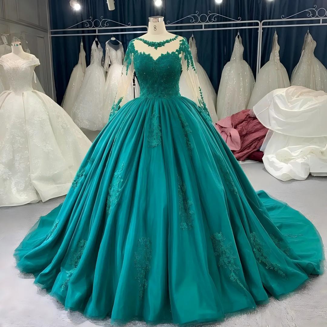 Floor-Length Long Sleeves Lace Lavender Wedding Dresses Ball Gown