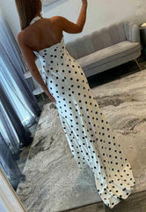 Floor-Length Polka Dot Halter Prom Dress Mermaid Sweetheart Side Slit