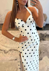 Floor-Length Polka Dot Halter Prom Dress Mermaid Sweetheart Side Slit