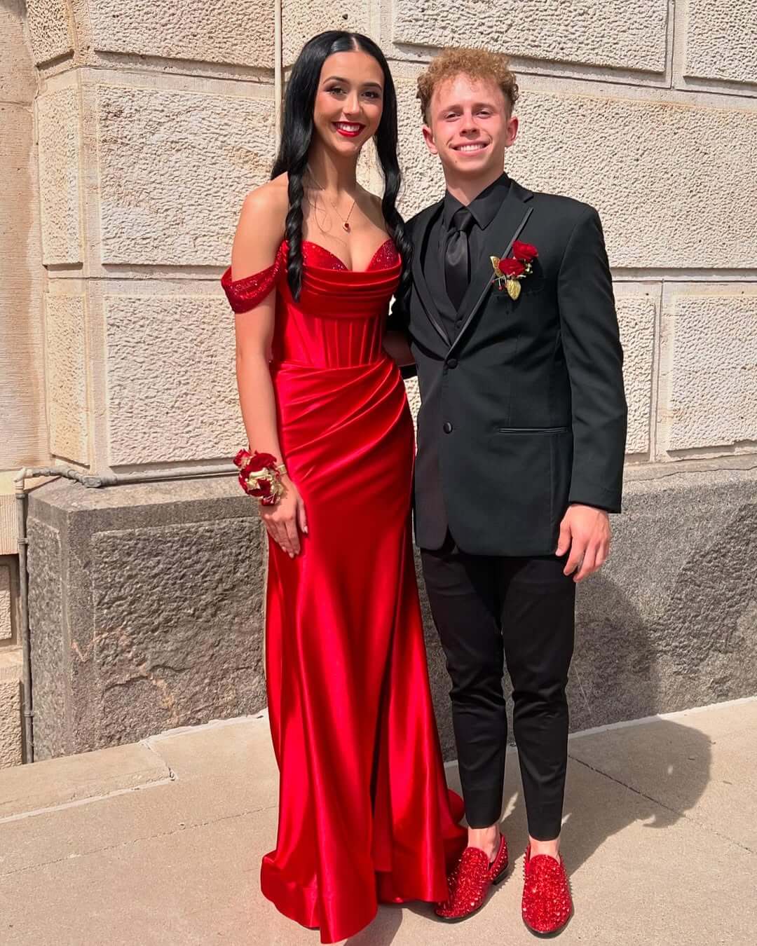 Floor Length Red Corset Prom Dress Satin Sequin Off-Shoulder