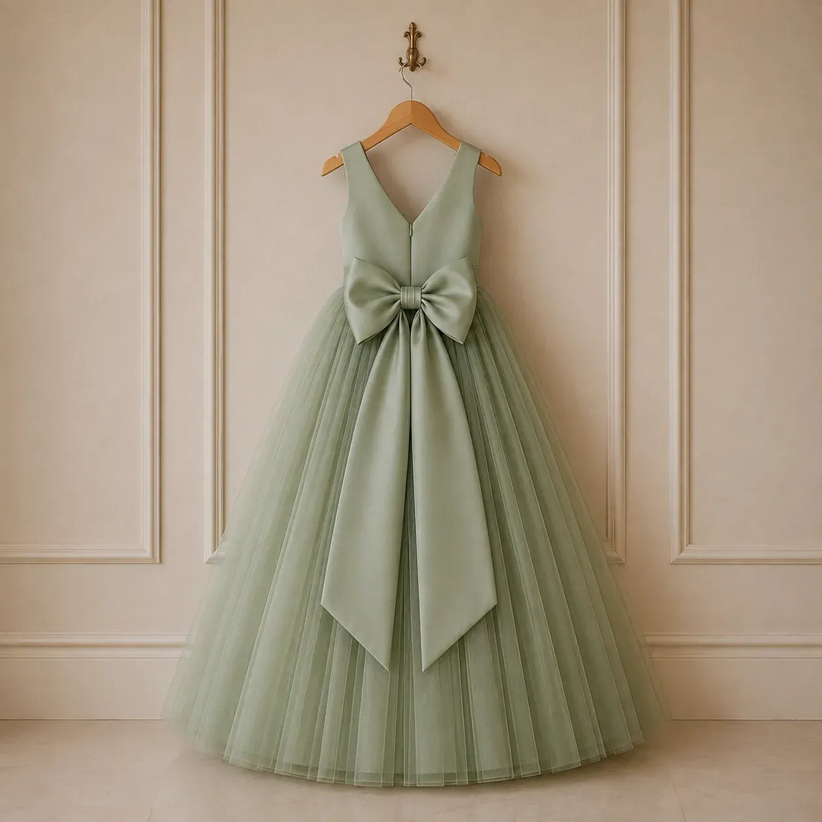 Floor Length Sage Green Flower Girl Dress Satin & Soft Tulle with Bow