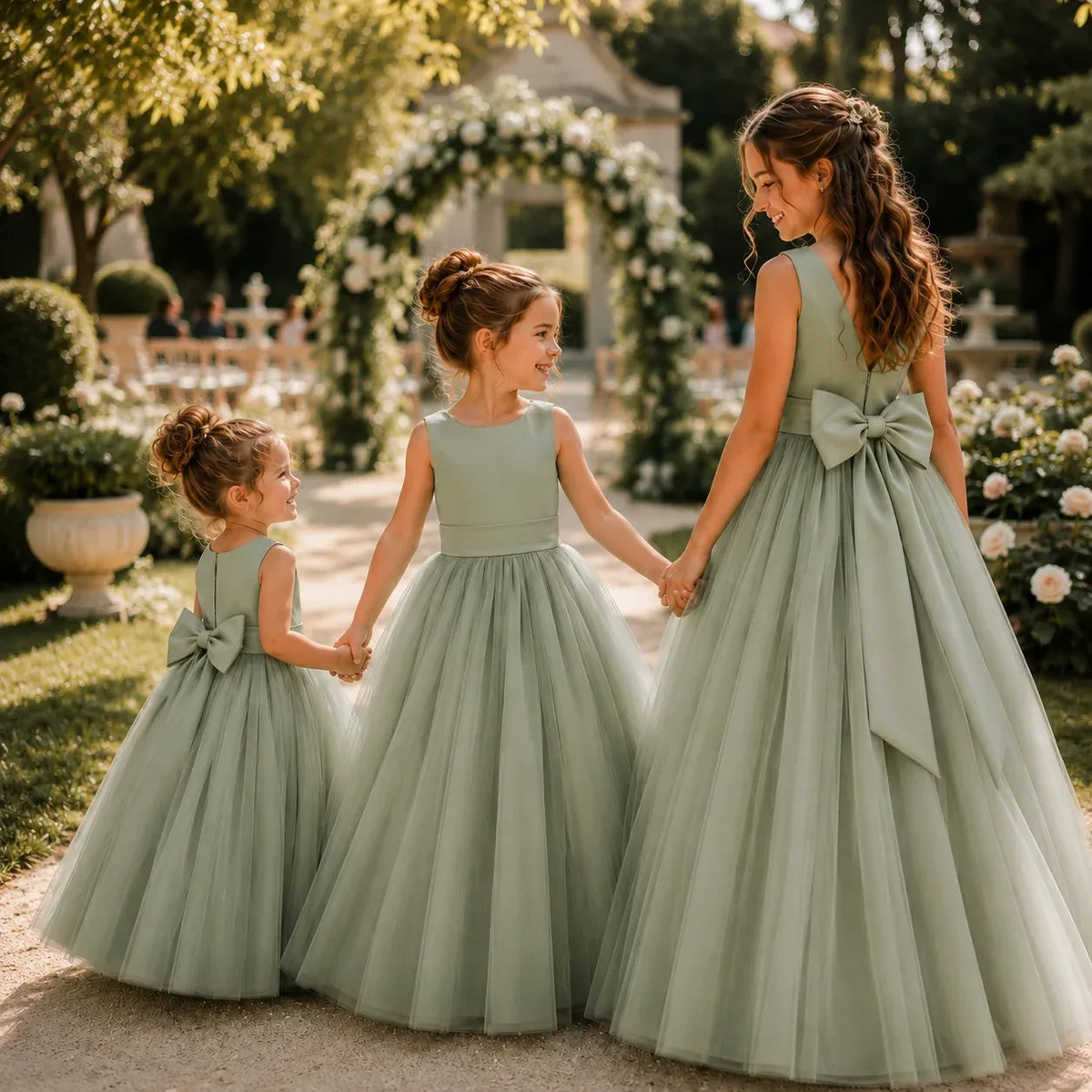Floor Length Sage Green Flower Girl Dress Satin & Soft Tulle with Bow