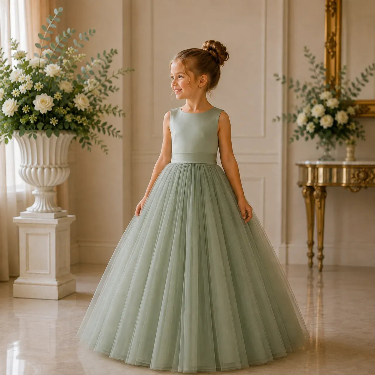 Floor Length Sage Green Flower Girl Dress Satin & Soft Tulle with Bow