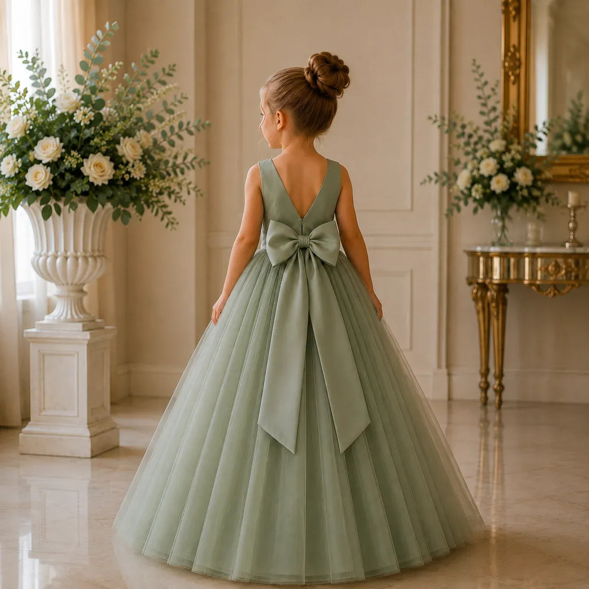 Floor Length Sage Green Flower Girl Dress Satin & Soft Tulle with Bow