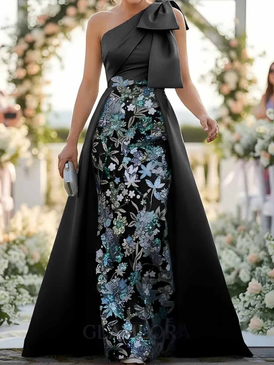 Floor-Length Satin Corset Flower Formal Dress One-Shoulder