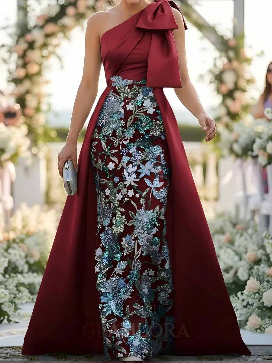 Floor-Length Satin Corset Flower Formal Dress One-Shoulder