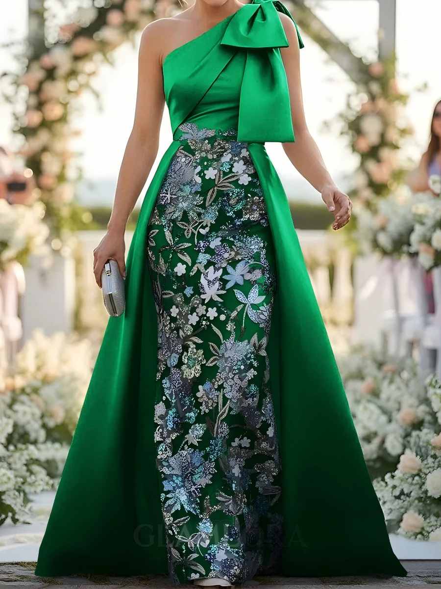 Floor-Length Satin Corset Flower Formal Dress One-Shoulder