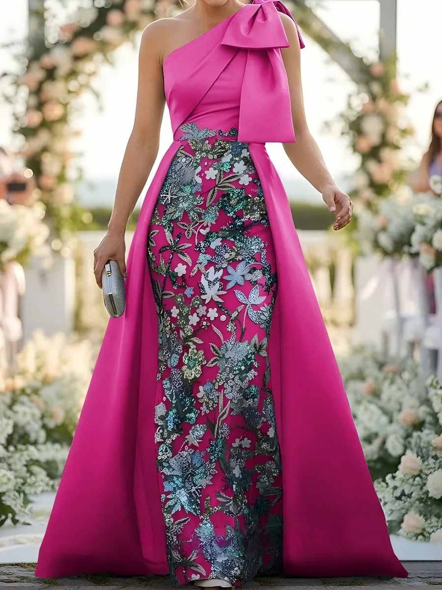 Floor-Length Satin Corset Flower Formal Dress One-Shoulder