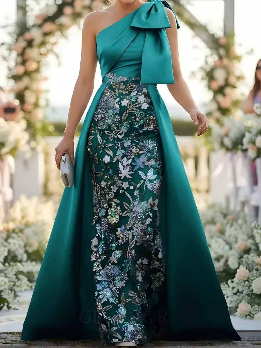 Floor-Length Satin Corset Flower Formal Dress One-Shoulder