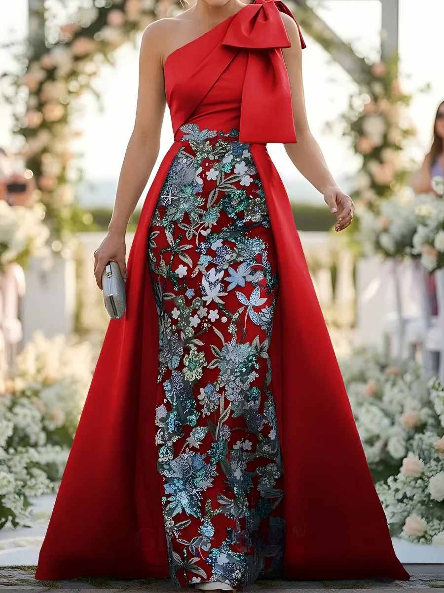 Floor-Length Satin Corset Flower Formal Dress One-Shoulder