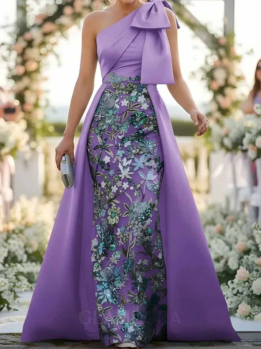 Floor-Length Satin Corset Flower Formal Dress One-Shoulder