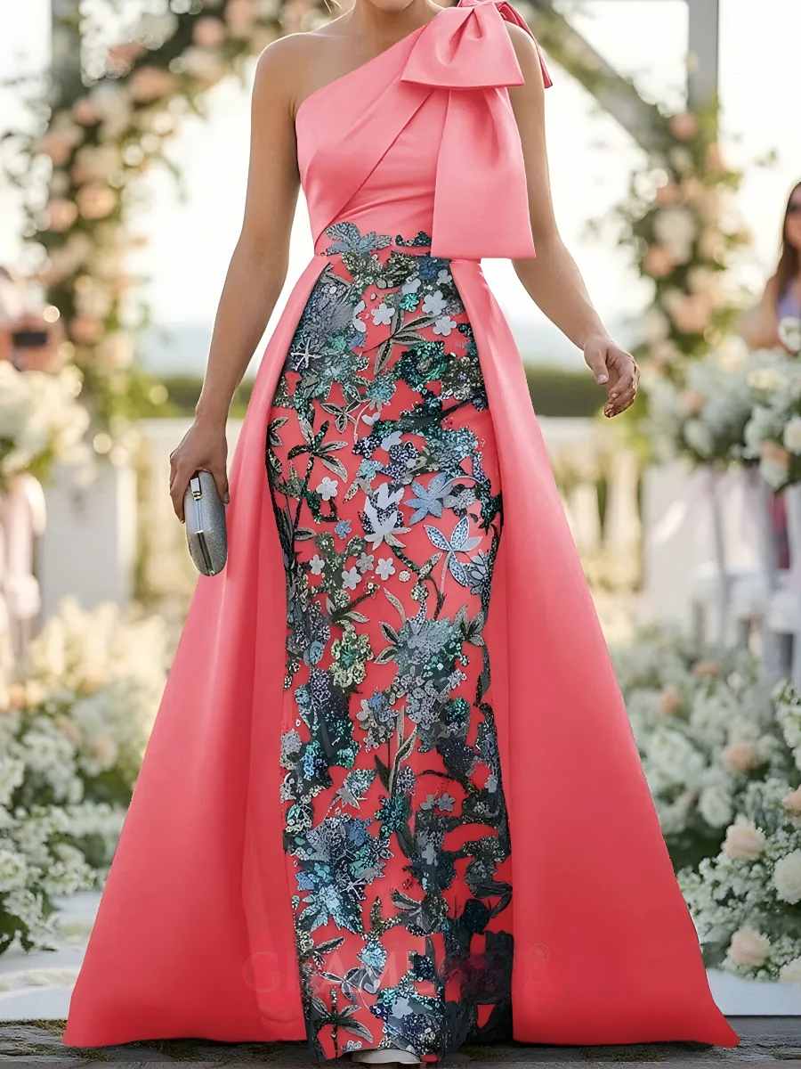 Floor-Length Satin Corset Flower Formal Dress One-Shoulder