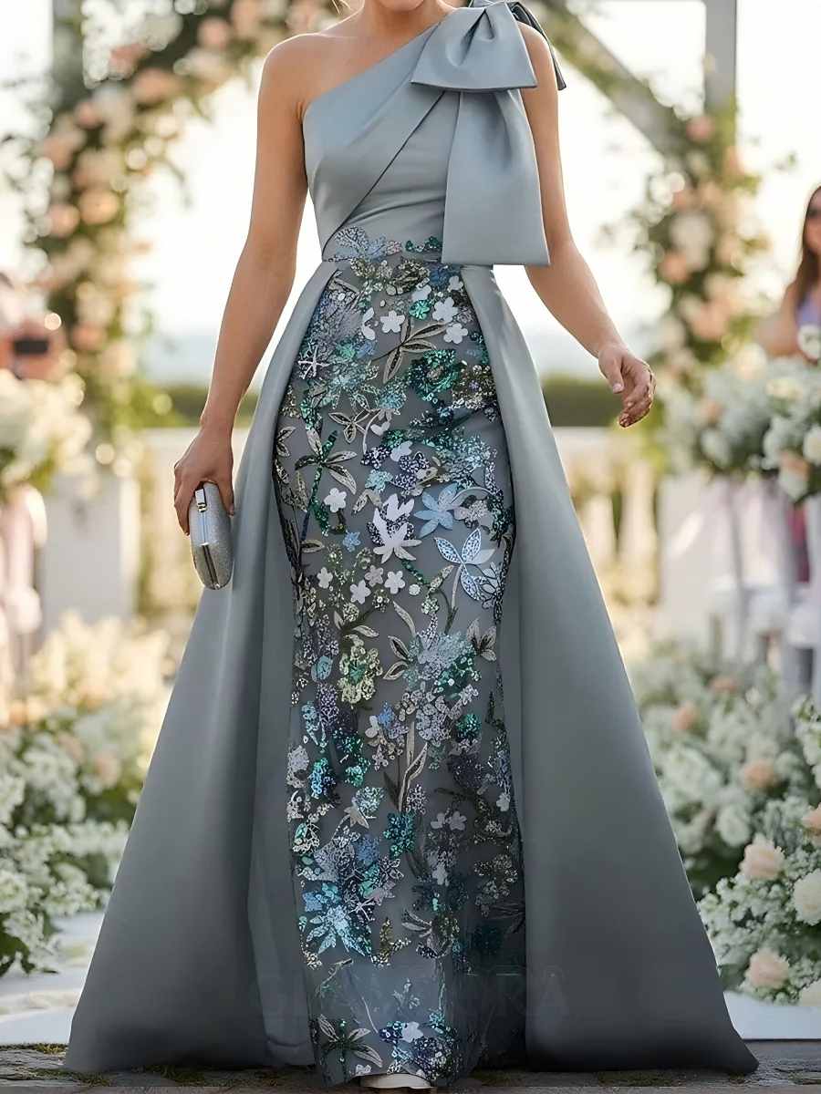 Floor-Length Satin Corset Flower Formal Dress One-Shoulder