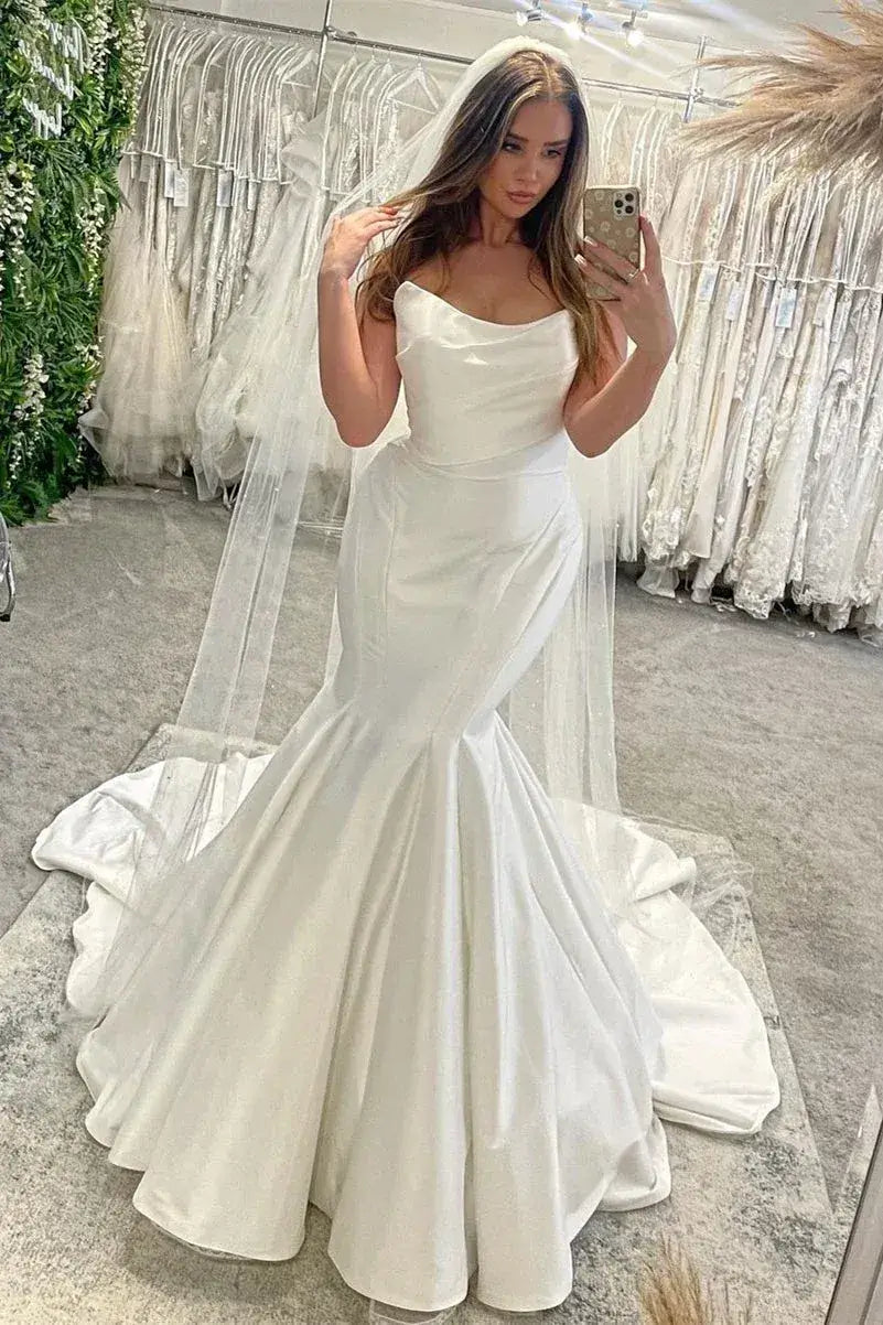 Floor Length Strapless Satin Beach Wedding Gown Mermaid Sleeveless